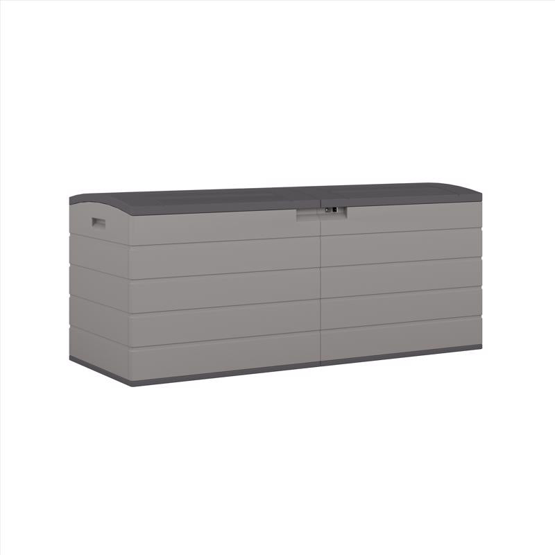 Gray plastic deck box by Emery Jensen, 120-gallon capacity, outdoor storage container with secure lid for patio organization.