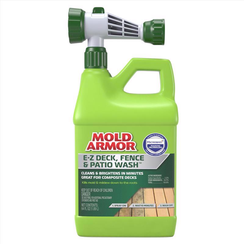 Six 64oz bottles of Emery Jensen E-Z Deck Wash deck cleaner, ready for outdoor wood and deck cleaning.
