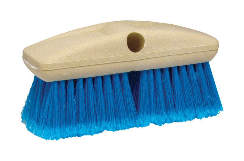 Blue 8-inch Emery Jensen Brush Med Wash for deck mopping and cleaning, with sturdy bristles and ergonomic handle.