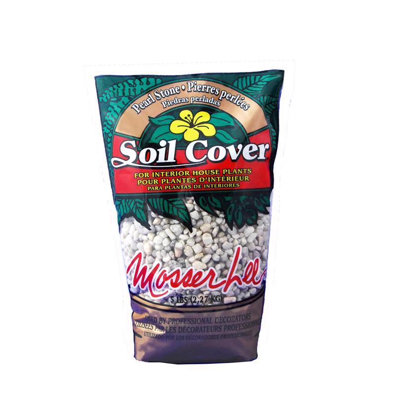 Emery Jensen Pearl Stone Soil Cover in a 5lb bag, decorative soil cover with pearl stone appearance for landscaping or garden decor.