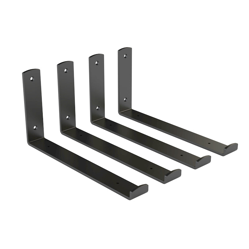Black steel floating shelf brackets by Emery Jensen, decorative wall-mounted brackets for supporting shelves.