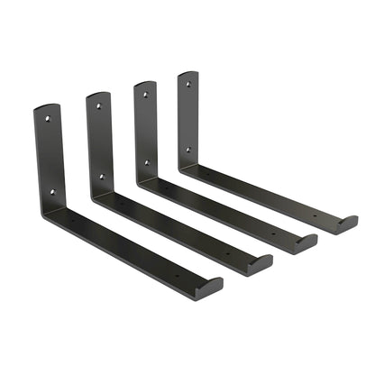 Black steel floating shelf brackets by Emery Jensen, decorative wall-mounted brackets for supporting shelves.