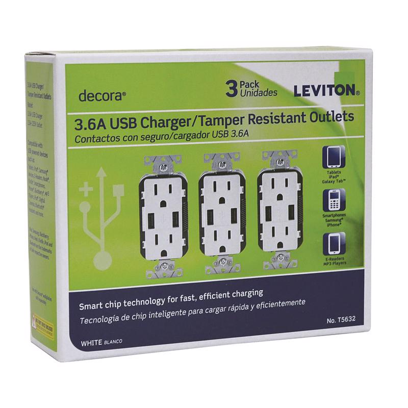 Emery Jensen USB outlet decorator receptacles, 15A white 3-pack, standard electrical outlets with built-in USB ports for convenient charging