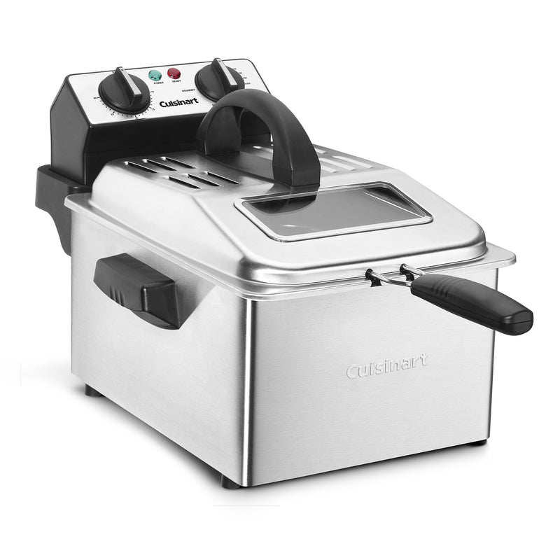 Silver Emery Jensen 4QT deep fryer with basket and control knob for home frying, compact kitchen appliance.