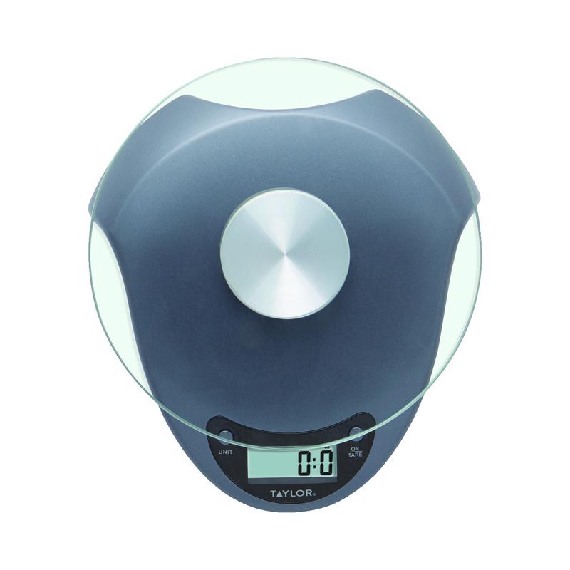 Emery Jensen digital glass food scale for diet measurement, featuring a sleek glass surface and digital display.