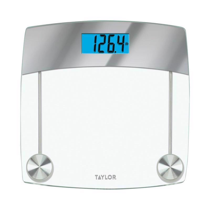 Emery Jensen digital bath scale displaying weight measurement, supports up to 440 pounds, with a sleek black design and digital display.
