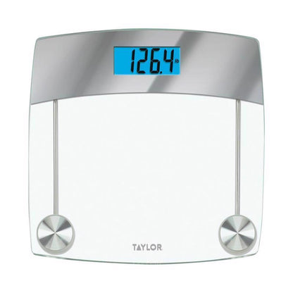 Emery Jensen digital bath scale displaying weight measurement, supports up to 440 pounds, with a sleek black design and digital display.