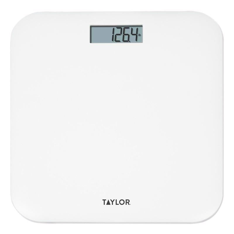 Emery Jensen digital bathroom scale in white with a clear digital display, designed for accurate weight measurement.