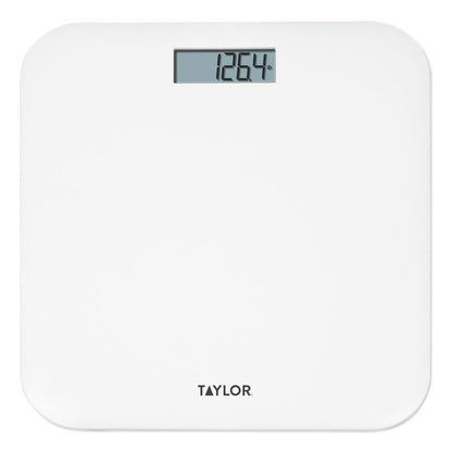 Emery Jensen digital bathroom scale in white with a clear digital display, designed for accurate weight measurement.