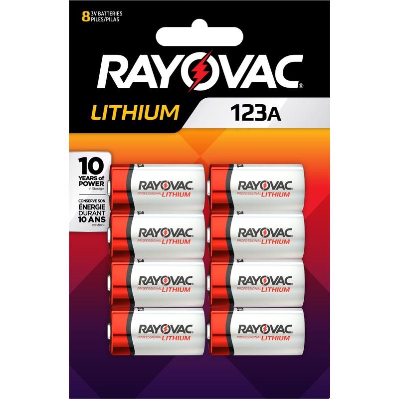 Emery Jensen lithium 123A batteries, 8-pack, compatible with digital cameras, shown in a close-up image.