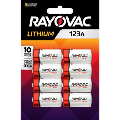 Emery Jensen lithium 123A batteries, 8-pack, compatible with digital cameras, shown in a close-up image.