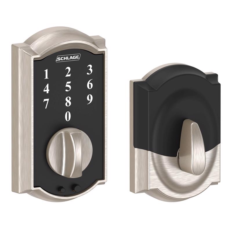 Emery Jensen digital electronic deadbolt lock with touch satin finish, showing keypad and sleek modern design.