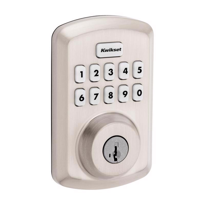 Emery Jensen digital electronic lock with deadbolt and stainless steel finish, installed on a door for security.