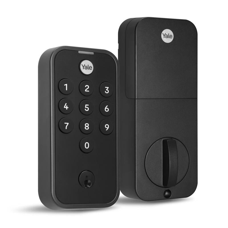 Emery Jensen digital metal deadbolt lock with electronic keypad for secure home entry, shown mounted on a door.