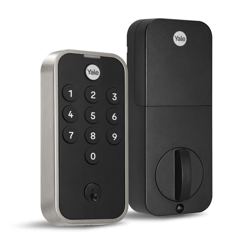 Emery Jensen digital electronic lock with keypad and deadbolt, black finish, installed on a door.
