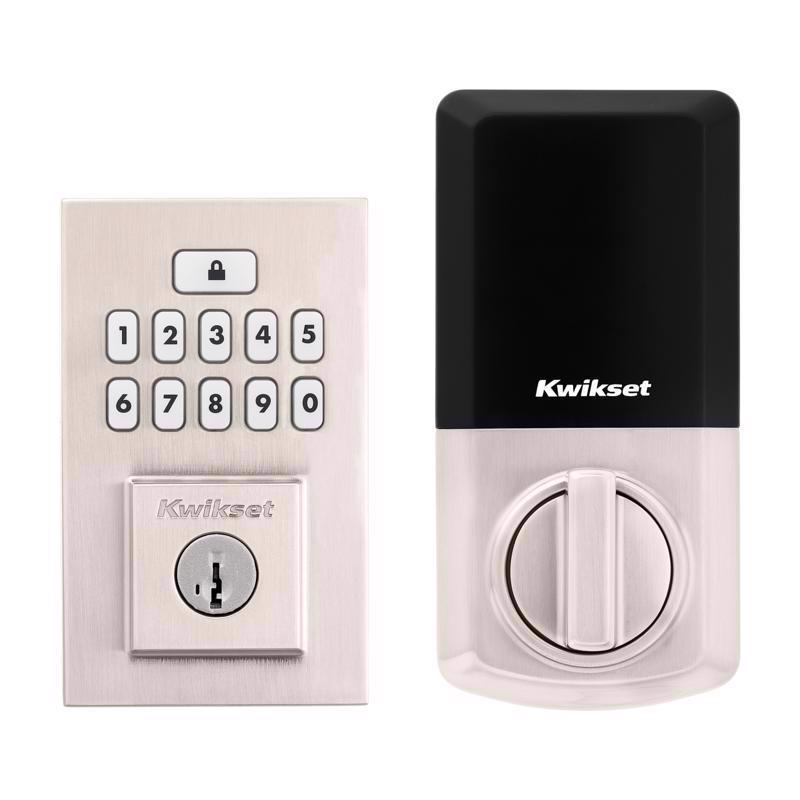 Emery Jensen digital electronic metal deadbolt lock with keypad for secure home entry, shown installed on a door.