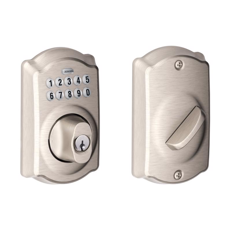 Emery Jensen SAT Nick keypad deadbolt digital electronic lock mounted on a door for secure access.