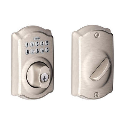Emery Jensen SAT Nick keypad deadbolt digital electronic lock mounted on a door for secure access.