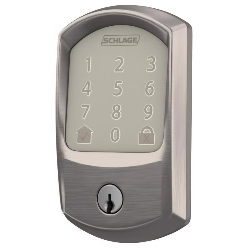 Emery Jensen digital electronic lock with Wi-Fi, double turn deadbolt, green wrench trim, installed on a door for secure access.