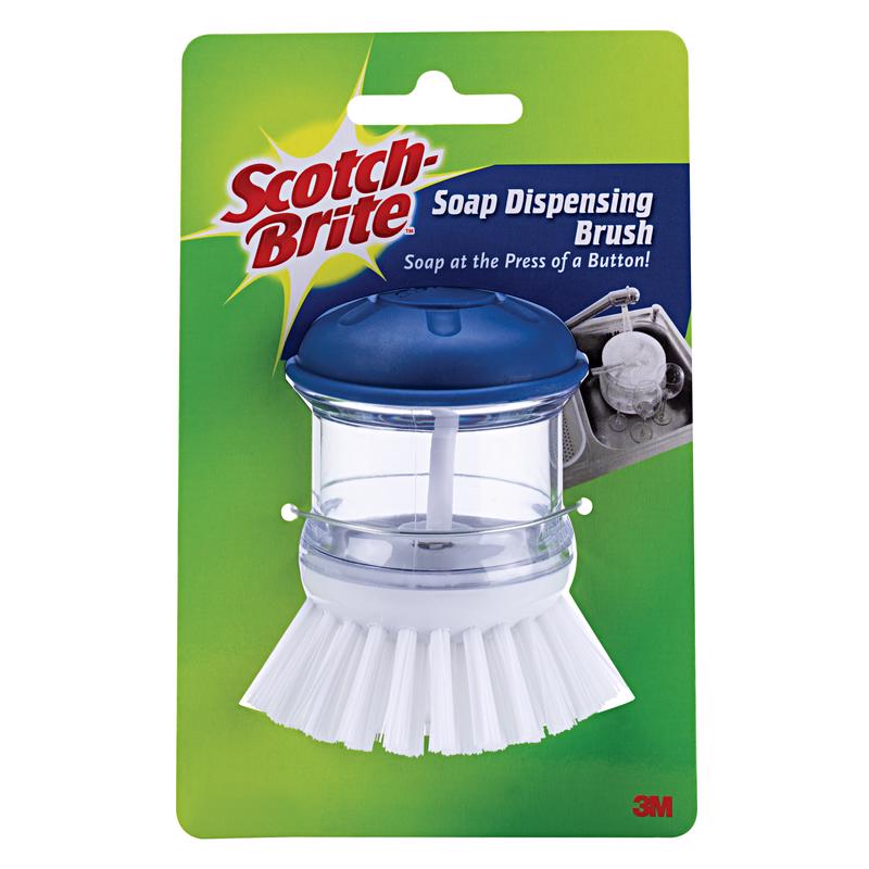 Emery Jensen dish and pan brush with soap dispenser, featuring a sturdy handle and built-in soap reservoir for easy cleaning.