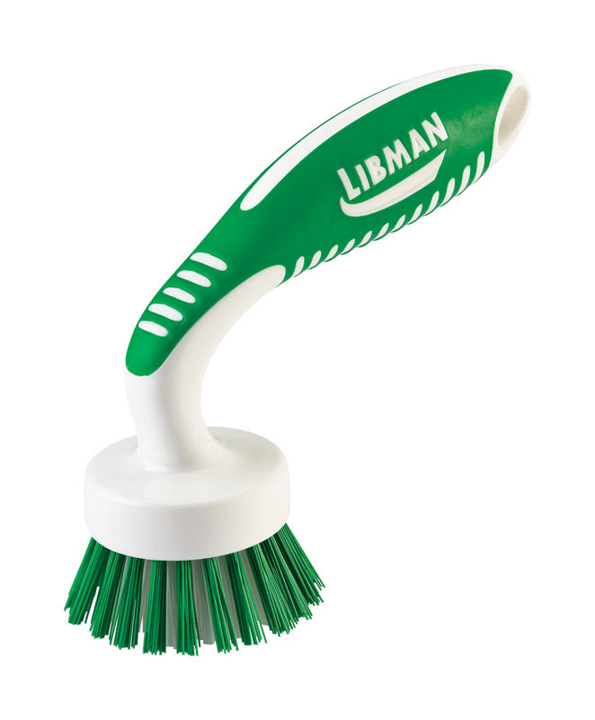 Curved kitchen dish and pan brush by Emery Jensen with ergonomic handle for easy cleaning of cookware.