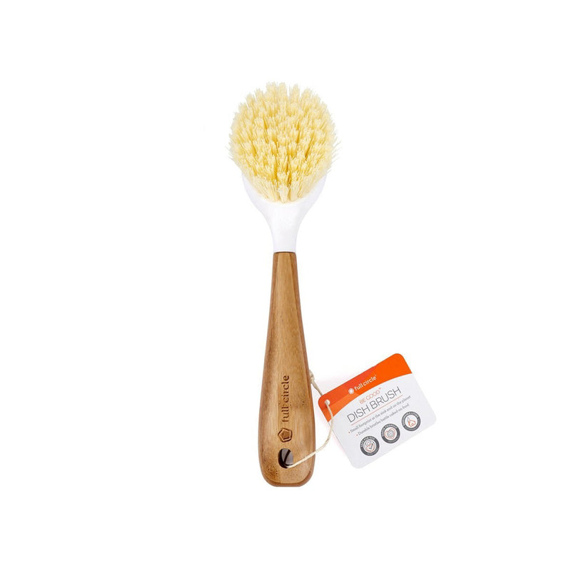 Emery Jensen dish brush with white handle, suitable for cleaning dishes and pans, featuring durable bristles for effective scrubbing.