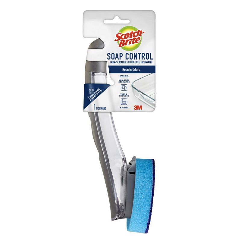 Blue plastic dish and pan brush by Emery Jensen, featuring a sturdy handle and bristles for effective cleaning.