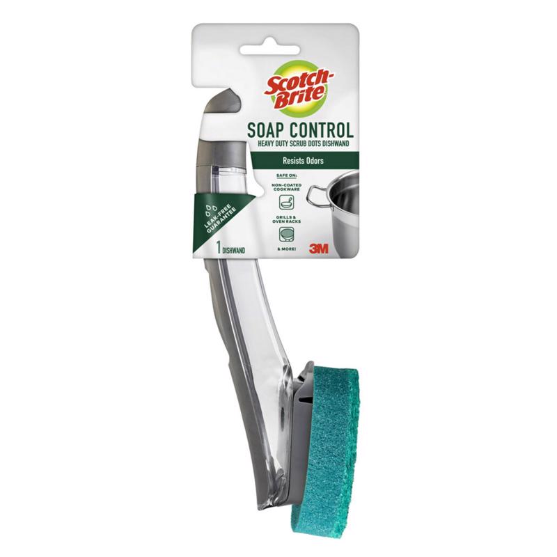 Green plastic dish and pan brush by Emery Jensen with sturdy handle for effective cleaning.