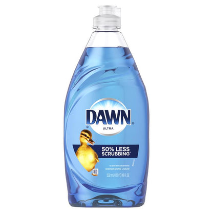 Emery Jensen Dawn Ultra Dish Soap bottles, 18 oz each, in a pack of 10, showing the clear liquid and label on the bottles.