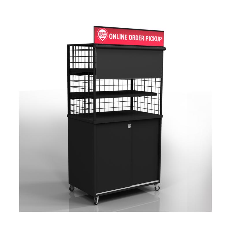 Emery Jensen BOPIS MDLR CBINT display unit for retail storage and organization, shown with multiple compartments and adjustable shelves.