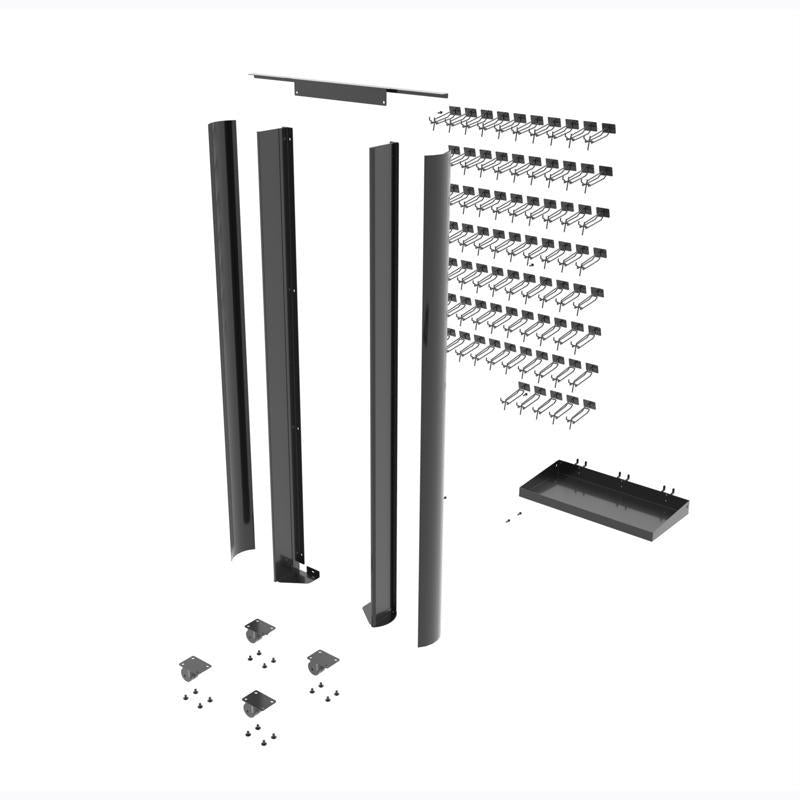 Black 64-inch metal display endcap by Emery Jensen for retail shelving and product organization.