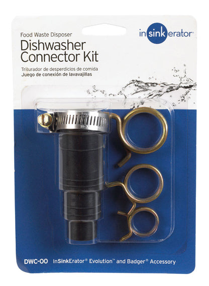 Emery Jensen dishwasher connector kit with hoses and fittings for disposer installation, shown in a close-up view.