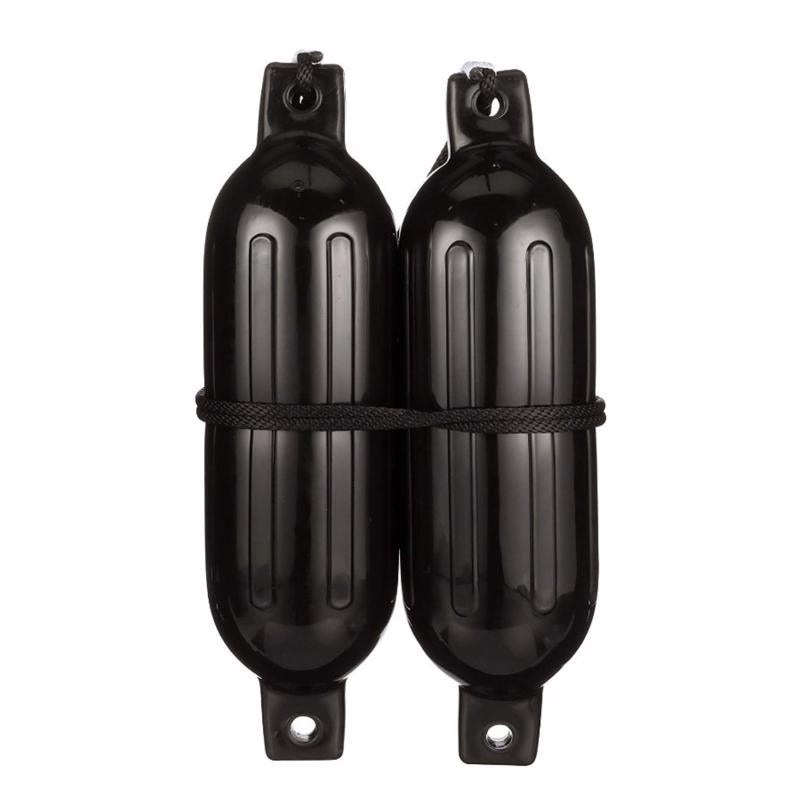 Black 23-inch vinyl boat fender by Emery Jensen, used as docking equipment to protect boats from damage at docks.
