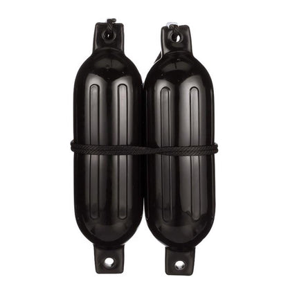 Black 23-inch vinyl boat fender by Emery Jensen, used as docking equipment to protect boats from damage at docks.
