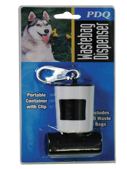 Emery Jensen dog waste bag dispenser attached to a leash, convenient for outdoor dog walks, part of dog accessories collection.
