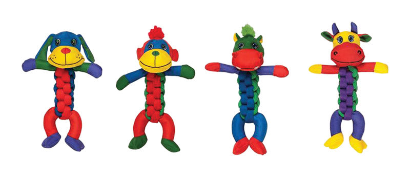 Emery Jensen Braid Body Dog Toy Assortment featuring colorful braided fabric dog toys for chewing and play.