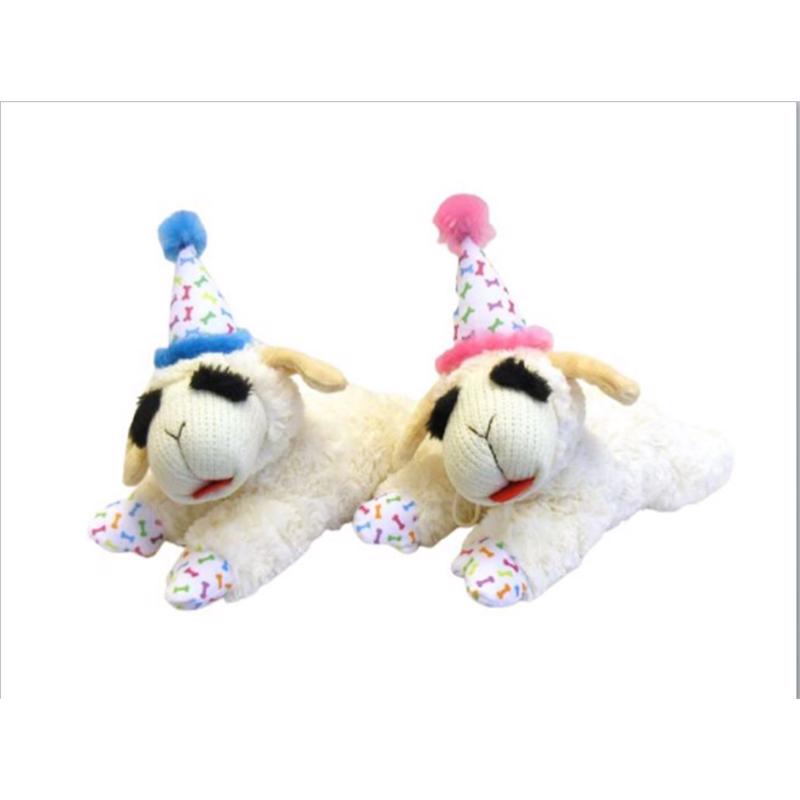 Emery Jensen dog toy lamb chop with a hat, soft plush dog toy for chewing and playful fun.