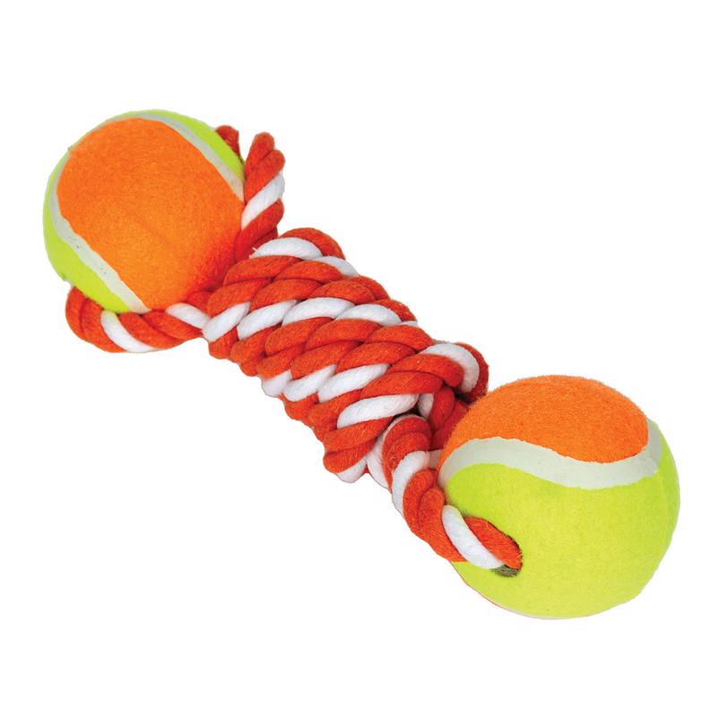 Emery Jensen dog toy tennis ball tug for dogs, durable rubber tennis ball with a tug rope for play and fetch.