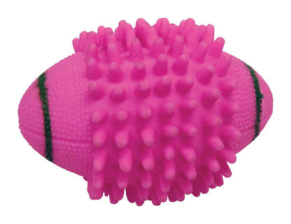 Pink football dog toy by Emery Jensen, soft and durable, designed for playful dogs to chew and fetch.