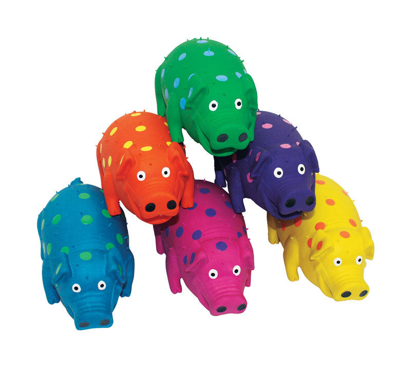 Emery Jensen GOBLET LATEX PIG dog toy, colorful latex pig-shaped chew toy for dogs, designed for play and dental fun.