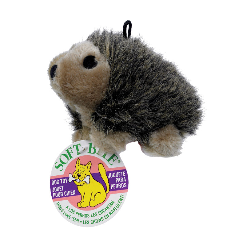 Medium Emery Jensen hedgehog dog toy with soft fabric and squeaker, designed for playful dogs.