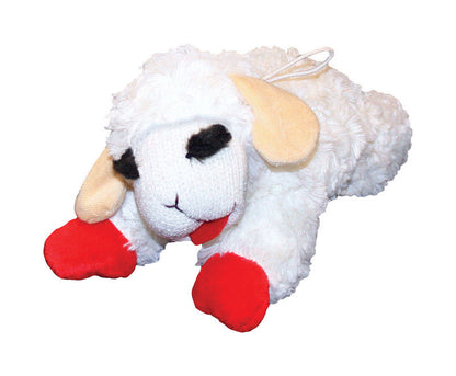 Emery Jensen Lambchop dog toy, 10-inch plush squeaky toy for dogs, featuring a soft lamb design with stuffing and durable fabric.