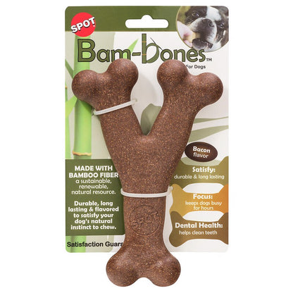 Emery Jensen 7-inch bacon-flavored dog toy bone for dogs, durable pet toy for chewing and play.
