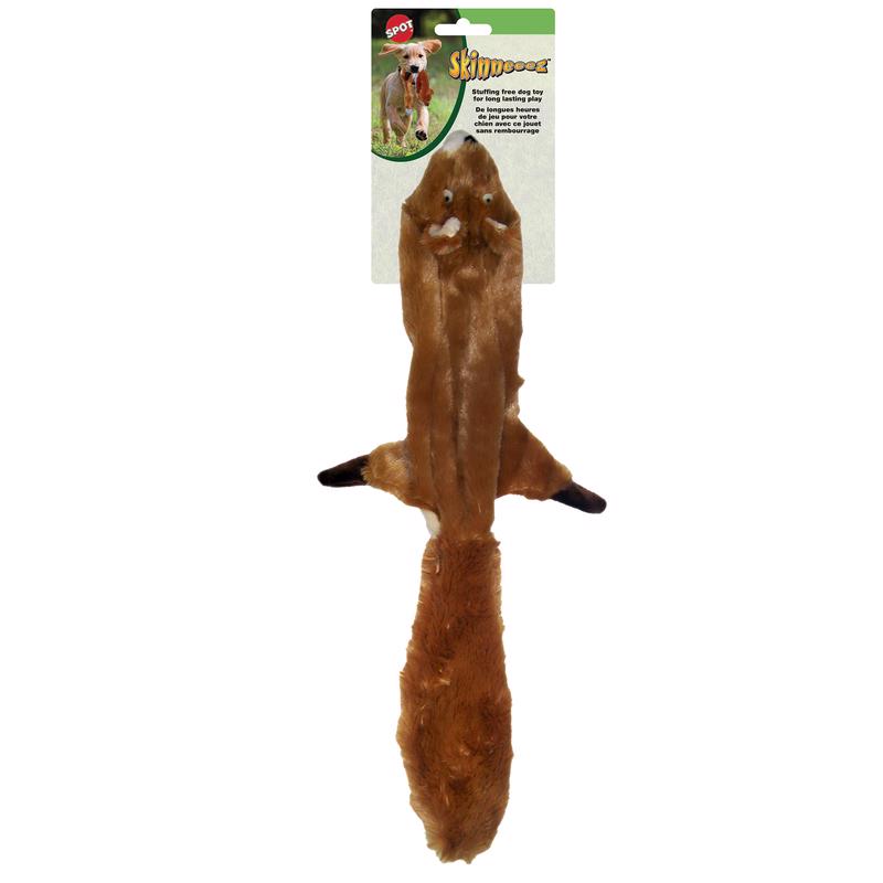 Emery Jensen Skinneeez Squirrel 24-inch dog toy with plush and squeaker for interactive play and chewing.