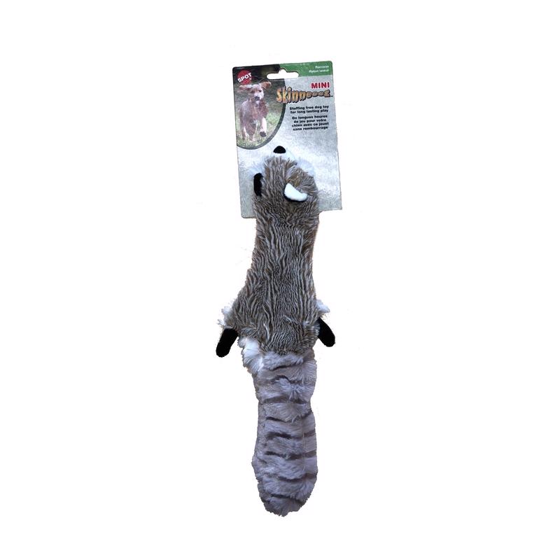 Emery Jensen SKineeez raccoon dog toy for dogs, soft plush pet toy with detailed raccoon design for play and cuddling.