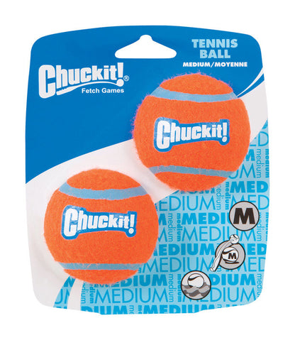 Medium-sized tennis balls for dogs, Emery Jensen dog toys, shown in a 2-pack, ideal for play and fetch.