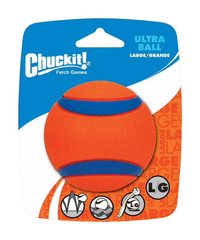 Large Emery Jensen Ultra Ball dog toy with bright colors and textured surface for chewing and fetch games.