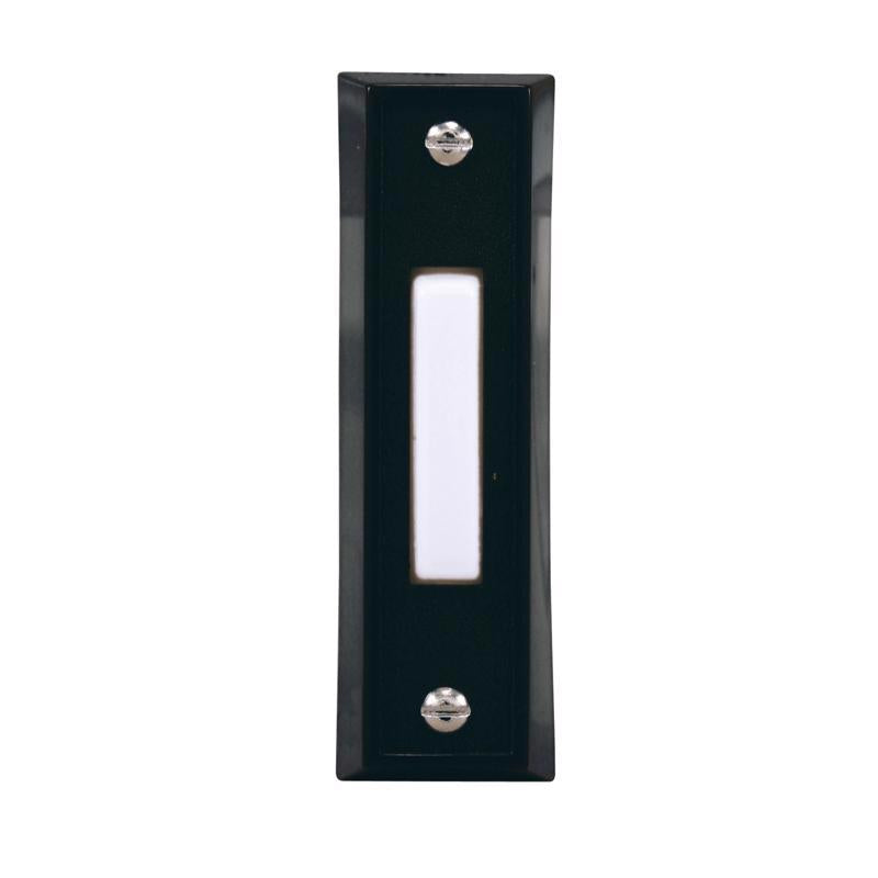 Emery Jensen black doorbell button, 0.75 x 2.75 inches, mounted on a door with a modern design and metallic finish.