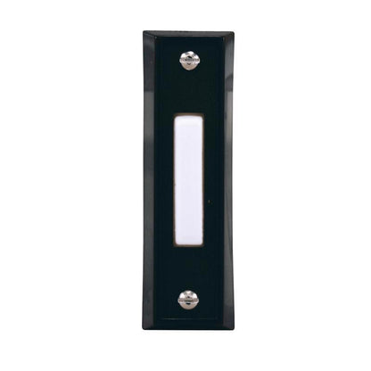 Emery Jensen black doorbell button, 0.75 x 2.75 inches, mounted on a door with a modern design and metallic finish.