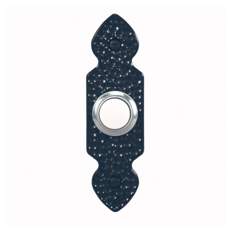 Black Emery Jensen doorbell door button with sleek design, mounted on a wall for easy access.